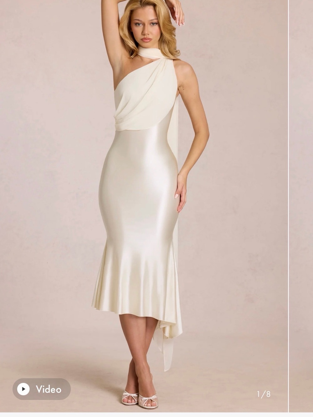 Oh Polly Elegant One-Shoulder Ivory Satin Midi Dress
